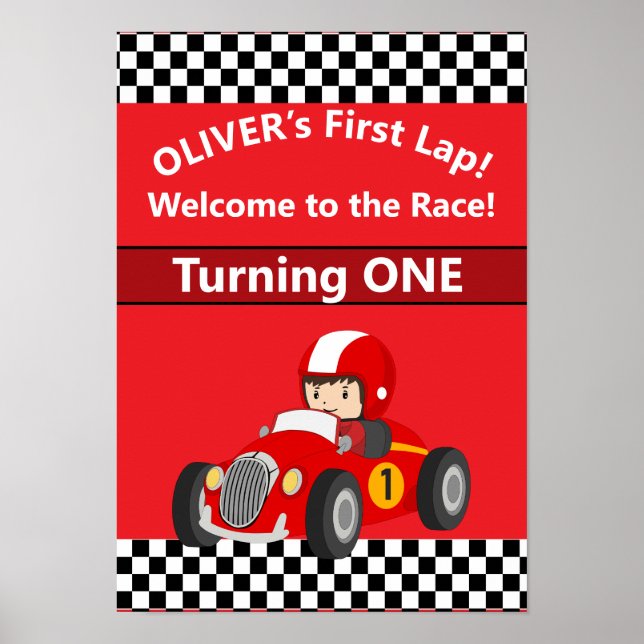 1-års födelsedagsracingbil festaffisch Redigerbar Poster (Framsidan)