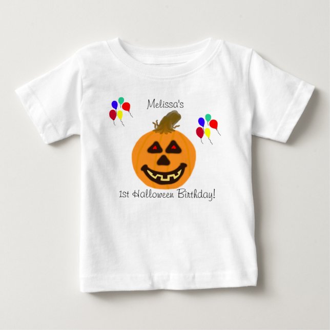 1-års Halloween födelsedag Pumpa Ballonger Namn T Shirt (Framsida)