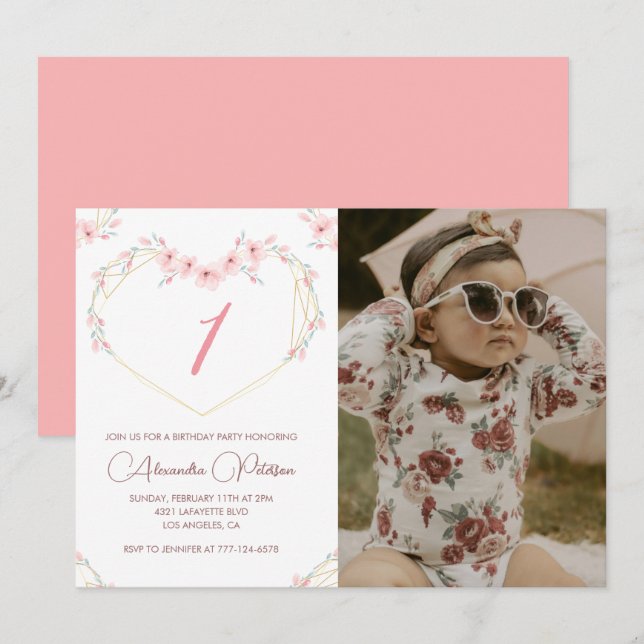 1-års inbjudan Boho Blommig Foto (Fram/baksida)