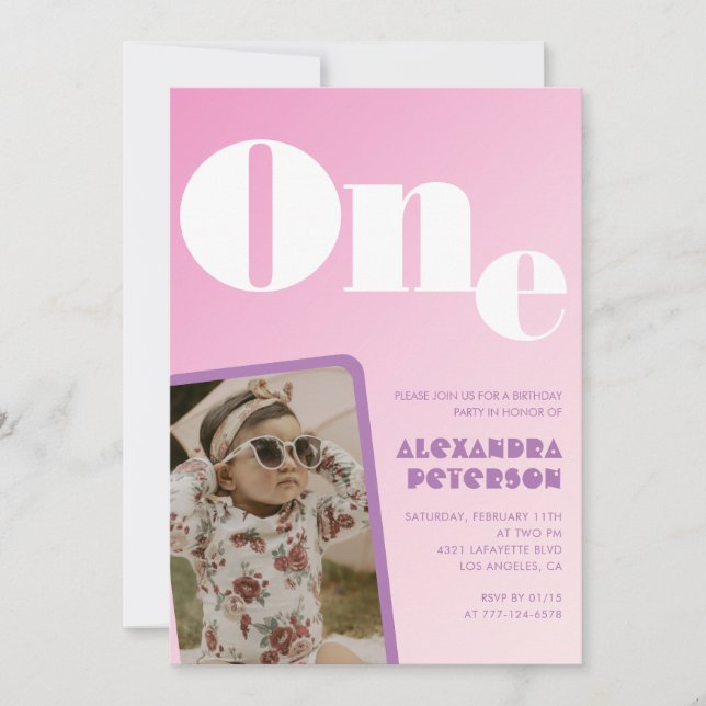 1-års inbjudan flicka Rosa Gradient Foto (Framsida)