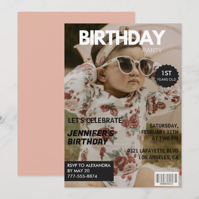 1-års inbjudan Flicka Tidningsomslag (Fram/baksida)