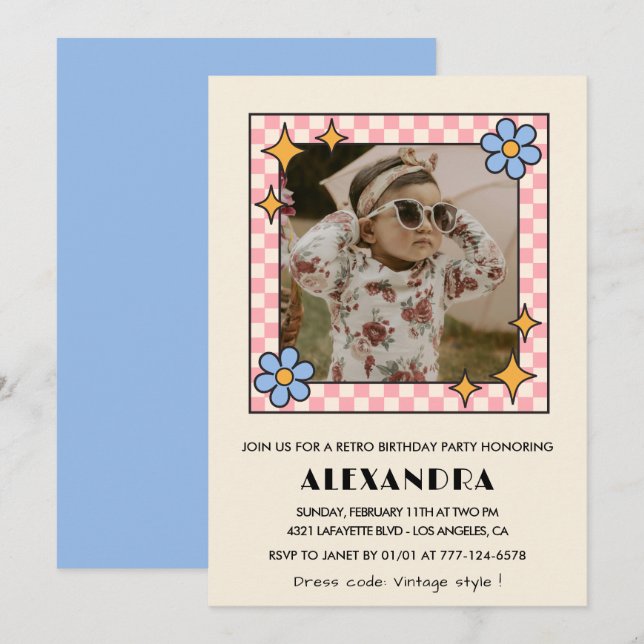 1-års inbjudan Retro Groovy Blå Blommig (Fram/baksida)
