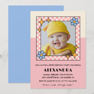 1-års inbjudan Retro Groovy Rosa Blommor