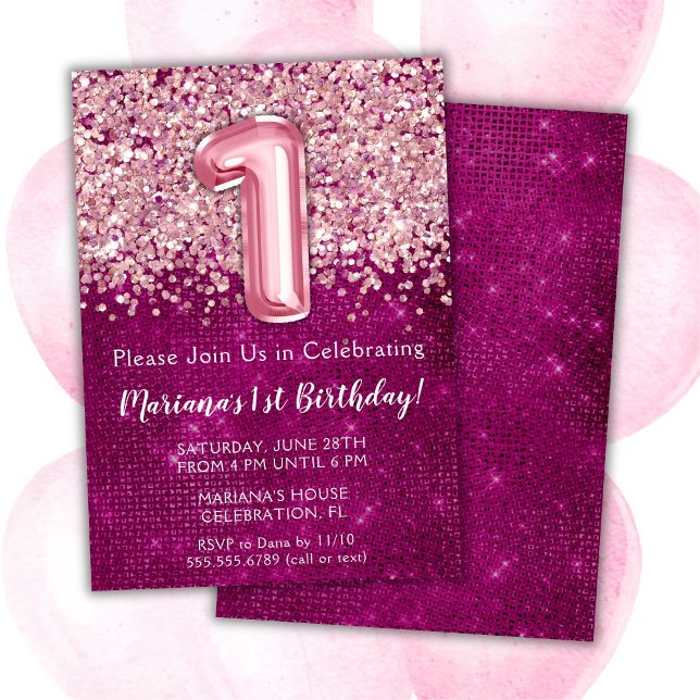 1-års inbjudan Rosa Magenta Rosa Glitter (Skapare uppladdad)