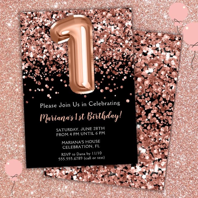 1-års inbjudan Svart Rosa Guld Glitter (Skapare uppladdad)