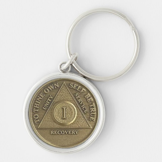 1-års nykterhetsjubileums medaljong gåva nyckelrin rund silverfärgad nyckelring (Framsidan)