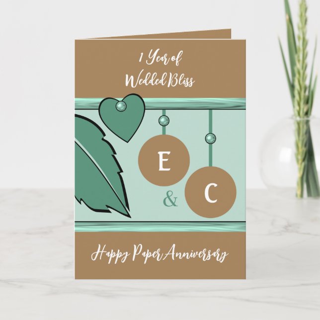 1 års papper årsdag initialer grönt brun kort (Framsida)