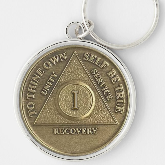 1 års Sober-årsdag Medallion Gift Keychain Rund Silverfärgad Nyckelring (Framsidan)