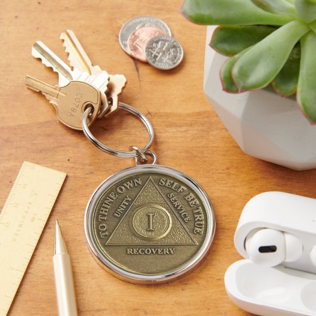 1 års Sober-årsdag Medallion Gift Keychain Rund Silverfärgad Nyckelring (Skrivbord)
