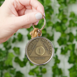 1 års Sober-årsdag Medallion Gift Rund Silverfärgad Nyckelring