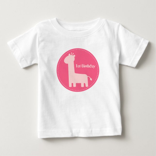 1-årsdag - Bebis Flicka Rosa Giraff Silhuett T-shirt (Framsida)