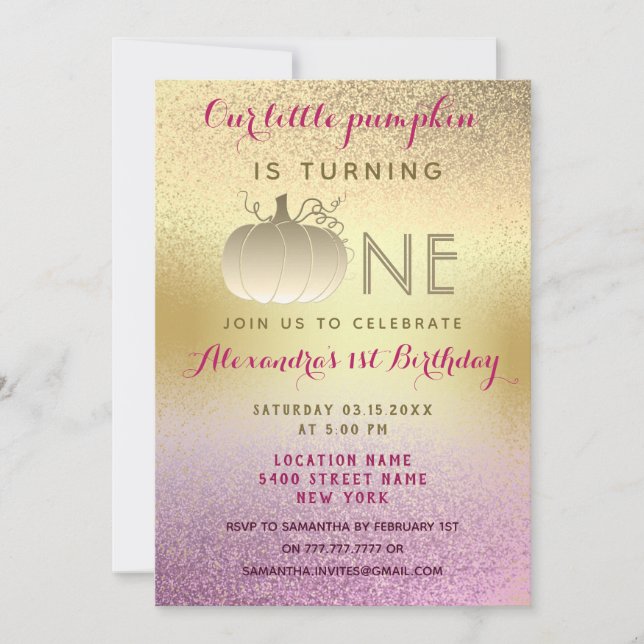 1-årsdag Glittrande Rosa Guld Vår Lilla Pumpa Inbjudningar (Framsida)