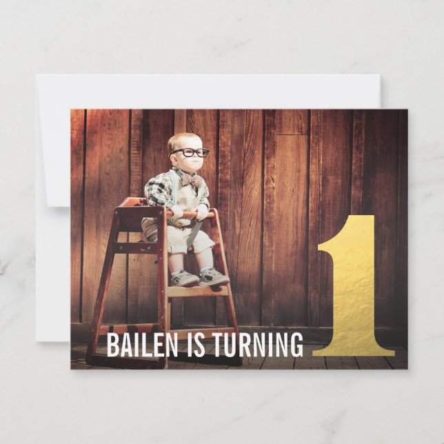 1-årsdag Guld Nummer Ett Foto Inbjudan (Framsida)