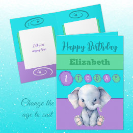 1-årsdag, lägg till lila av söt elefant från namn- kort