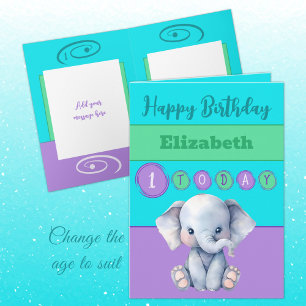 1-årsdag, lägg till lila av söt elefant från namn- kort