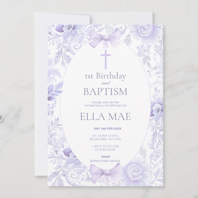 1-årsdag och dop för flicka lila blommor inbjudningar (Framsida)