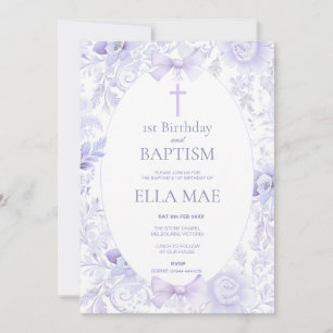 1-årsdag och dop för flicka lila blommor inbjudningar