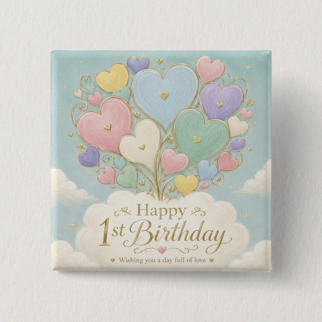 1-årsdag Pastell Hjärtbalongbukett Knapp (Framsida)