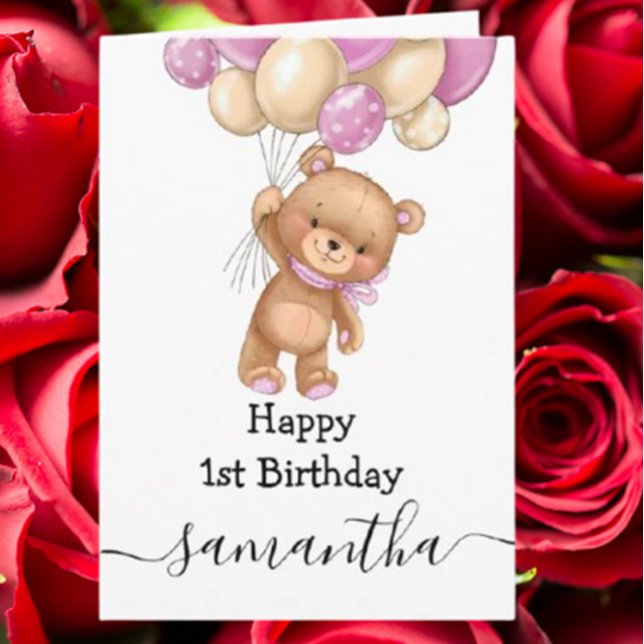 1-årsdag rosa ballong teddy-flickkort kort (Celebrate her special day with a 1st birthday pink balloon teddy girl card)