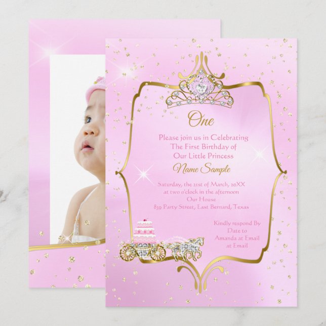 1-årsdagen Cinderella Rosa Carriage Cake Inbjudningar (Fram/baksida)