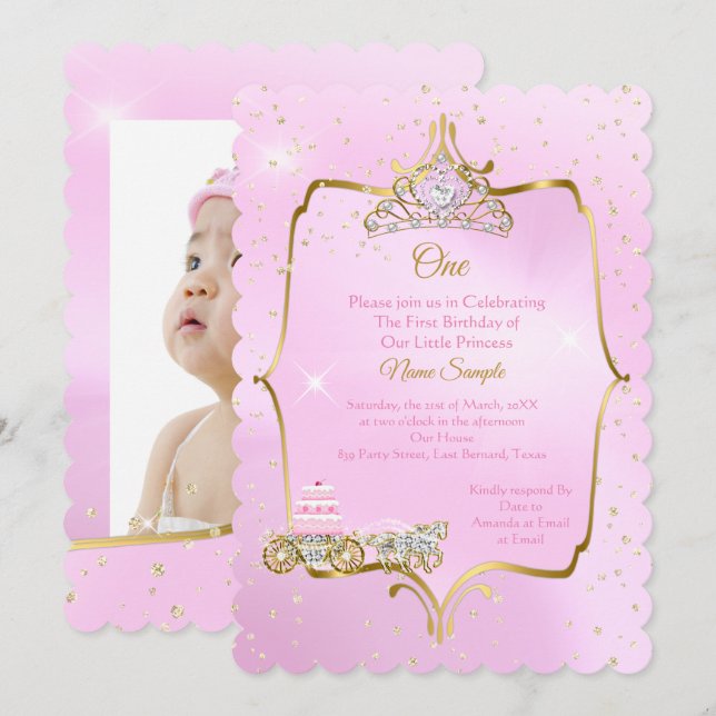 1-årsdagen Cinderella Rosa Carriage Cake Inbjudningar (Fram/baksida)