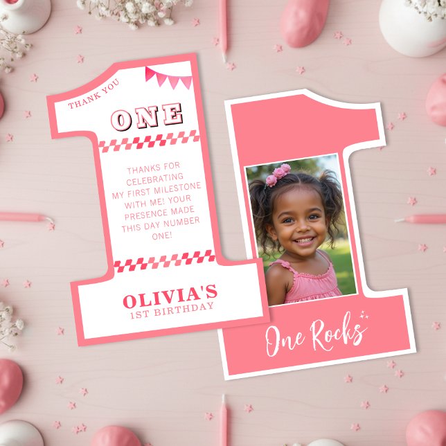 1-årsfest för tjejer Rosa Ett Foto Tack Kort (1st Birthday Party Girls Pink One Photo Thank You Card
)