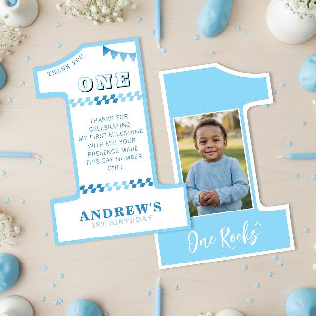 1-årsfest Pojkar Blå Ett Foto Tack Kort (1st Birthday Party Boys Blue One Photo Thank You Card
)
