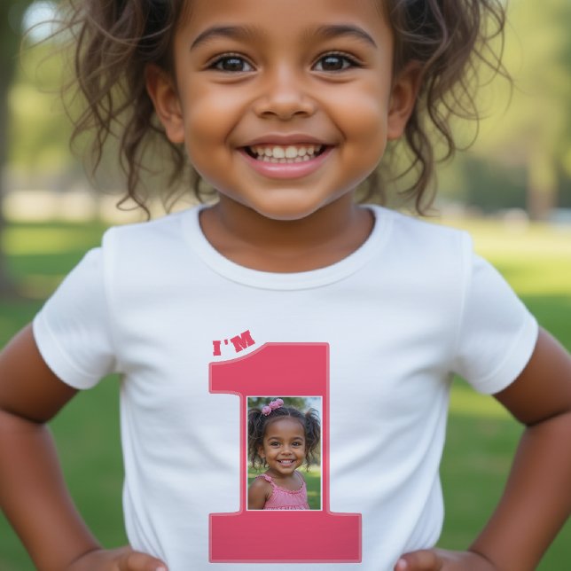 1-årsfest Tjej Pink Ett Foto T Shirt (1st Birthday Party Girls Pink One Photo Baby T-Shirt
)