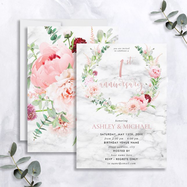 1-årsjubileum Elegant roséguld Blommig Inbjudningar (Skapare uppladdad)