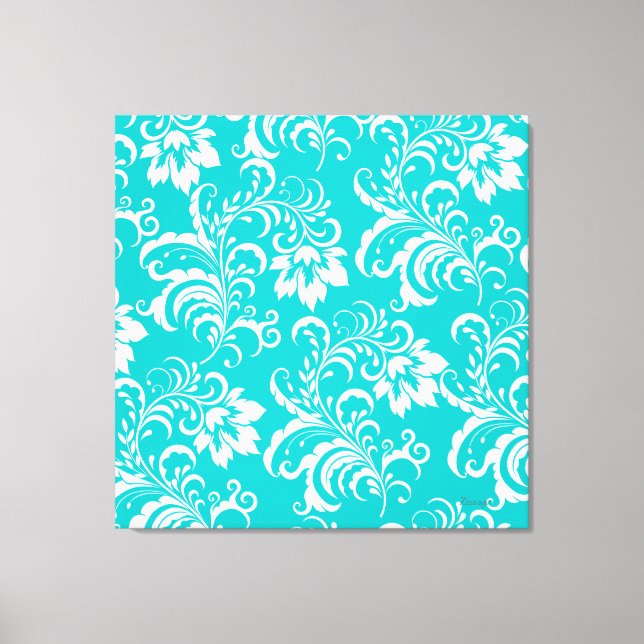 1 Canvas Teal Blue White Damask Blommigt (Framsida)
