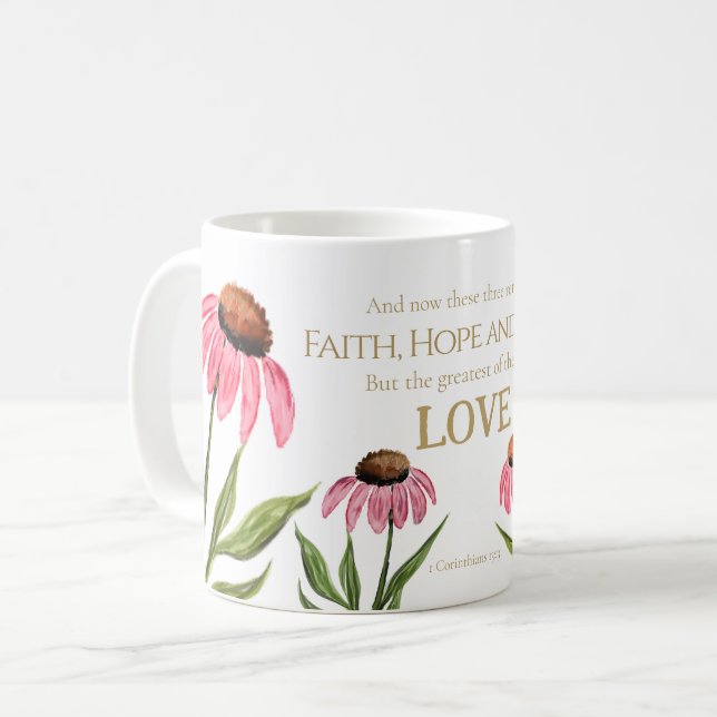 1 Corinthians 13:13 Faith Hope Kärlek Rosa Blommig Kaffemugg (Framsida vänster)