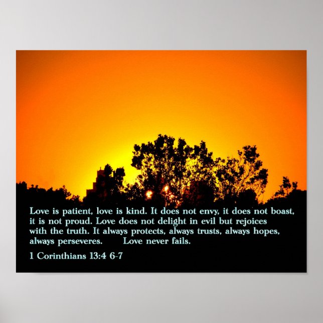 1 Corinthians 13:4 6-7 Solnedgång Poster (Framsidan)