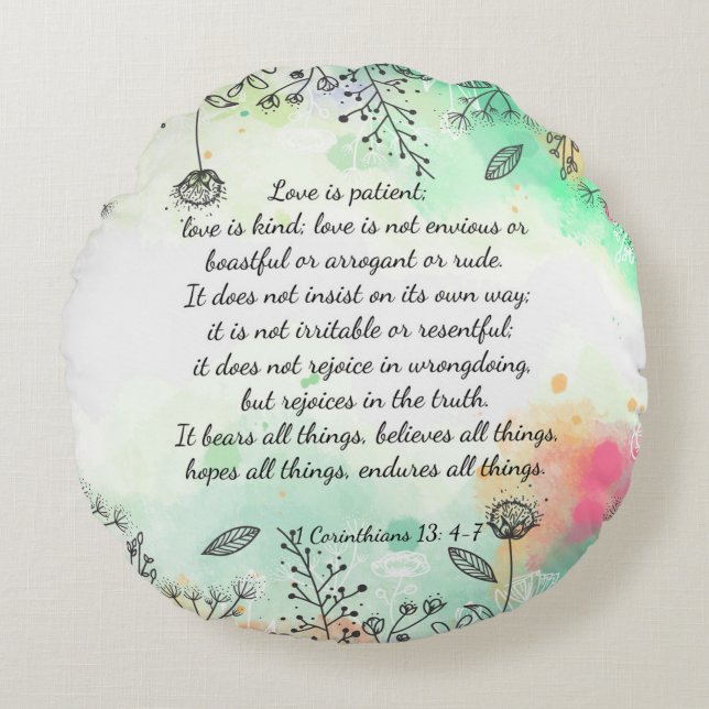 1 Corinthians 13: 4-7 Rund Kudde (Framsidan)