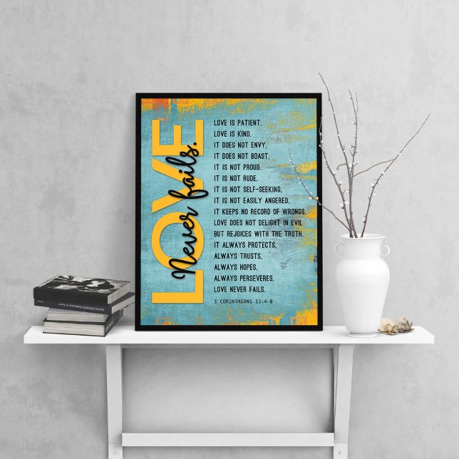1 Corinthians 13:4-8 Bible Verse, Grunge Blue Poster (Skapare uppladdad)