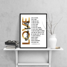 1 Corinthians 13:4-8 Bible Verse, Guld-Black-White