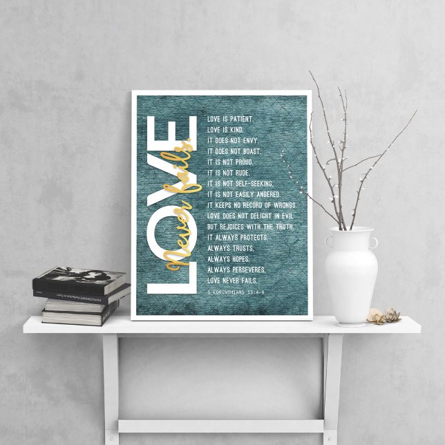 1 Corinthians 13:4-8 Bible Verse, Vintage Blue Poster (Skapare uppladdad)