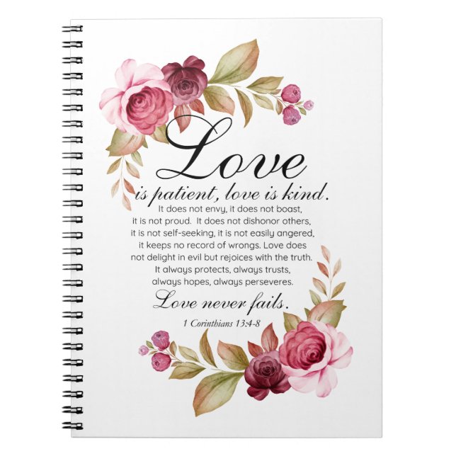 1 Corinthians 13:4-8 Kärlek är bibel för Blommigt  Anteckningsbok (Framsidan)