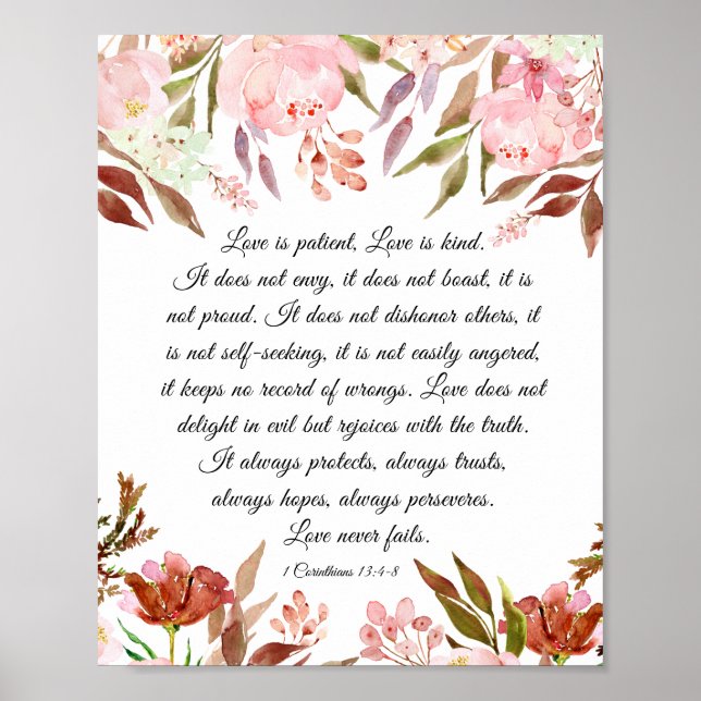 1 Corinthians 13:4-8 Kärlek är Blommigt för Rosa a Poster (Framsidan)