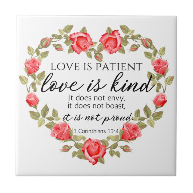 1 Corinthians 13:4 Kärlek är Blommigt Heart hos pa Kakelplatta (Framsidan)