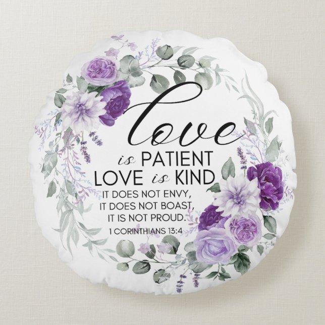 1 Corinthians 13:4 Kärlek är Blommigt mot patientv Rund Kudde (Framsidan)