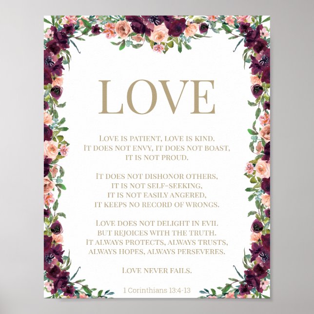 1 Corinthians 13 Kärlek Bible Verse Blommigt Poster (Framsidan)