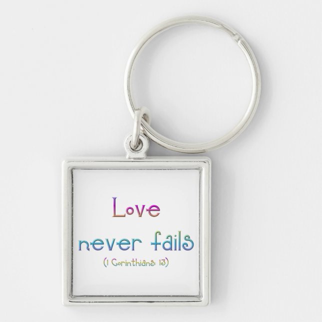 1 Corinthians 13 - kärlek misslyckas aldrig Fyrkantig Silverfärgad Nyckelring (Framsidan)