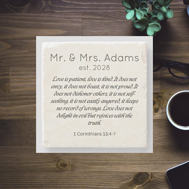 1 Corinthians 13 Mr Surname Est. År Bröllop Stenunderlägg (1 Corinthians 13 Mr Mrs Surname Est. Year Wedding Stone Coaster)