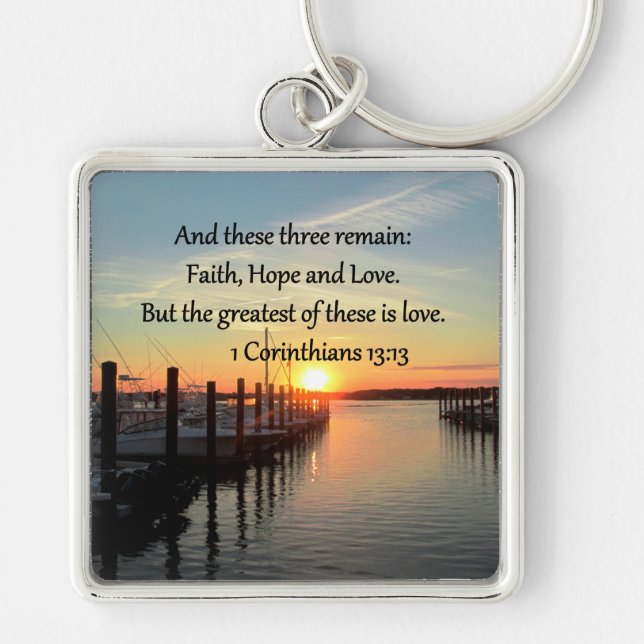 1 CORINTHIANS 13 SUNSET DESIGN FYRKANTIG SILVERFÄRGAD NYCKELRING (Framsidan)
