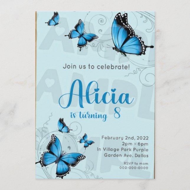 1 DIGITAL JPEG Blue Butterfly Birthday-inbjudan Inbjudningar (Framsida)