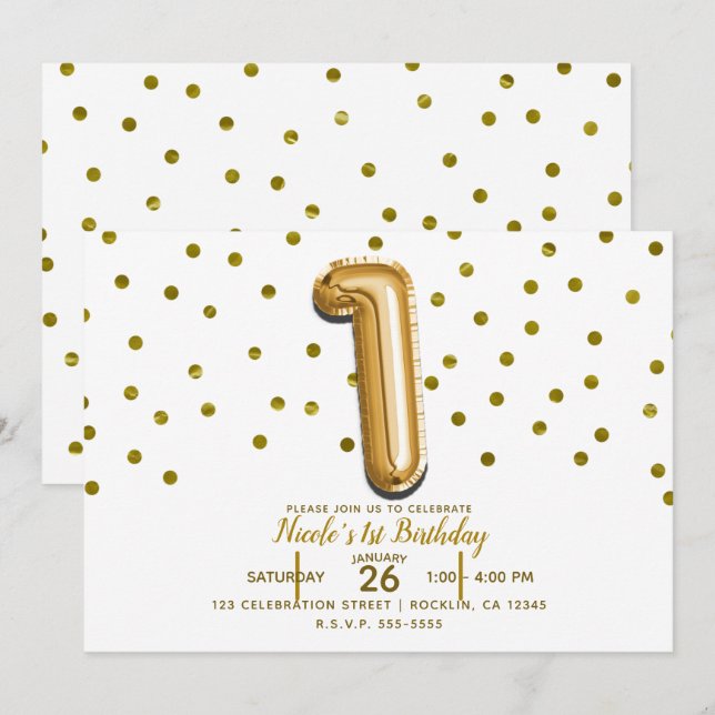 1 En gul ballong & konfetti 1-års födelsedagsfest Inbjudningar (Fram/baksida)