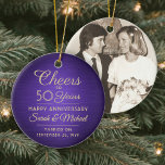 1 Foto ANY-årsjubileum Cheers Brushed Lila Guld Julgransprydnad Keramik<br><div class="desc">Cheers och Lycklig-årsdagen! Fira varje år bröllop-årsdagen med en anpassningsbar fotot lila och guld runt keramiska prydnadsföremål. Bild, antalet år, parets namn och giftermål-datum på den här mallen är alla enkla att anpassa. Utformningen har en lila faux borstad metallbakgrund, vintage art deco stil typografi, elegant script calligraphy och ett foto...</div>