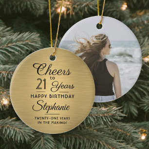 1 Foto ANY Birthday Brushed Black and Guld Round Julgransprydnad Keramik