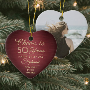 1 Foto ANY Birthday Brushed Burgundy & Guld Heart Julgransprydnad Keramik
