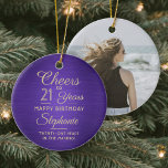 1 Foto ANY Birthday Brushed Lila and Guld Round Julgransprydnad Keramik<br><div class="desc">Cheers och Grattis på födelsedagen! Fira en glatt milstolpe-födelsedag med en anpassningsbar fotot lila och guld runda keramiska prydnadsföremål. Alla formuleringar i den här mallen (inklusive "Cheers to 21 Years") har skapats för en 21:a födelsedag, men är enkla att anpassa för varje år eller händelsetyp. Utformningen har en lila faux...</div>